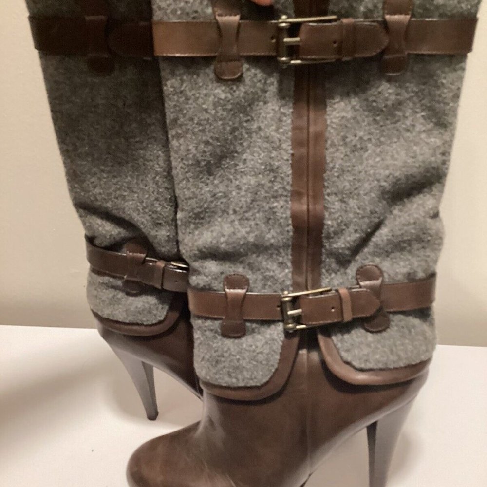 Cole Haan KENNEDY Gray Wool & Brown Leather Buckle Boots 5